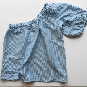 LOFT Off-the-shoulder linen blue stripe top